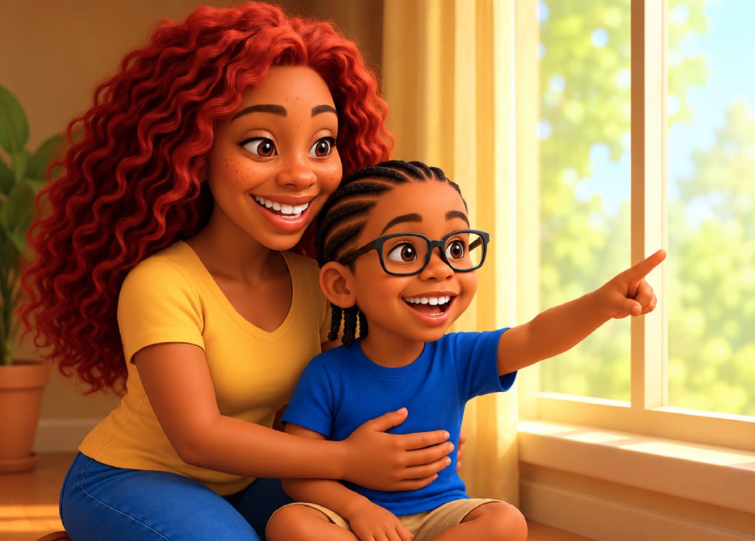 Cash points out the window while his mama hugs him and smiles.
