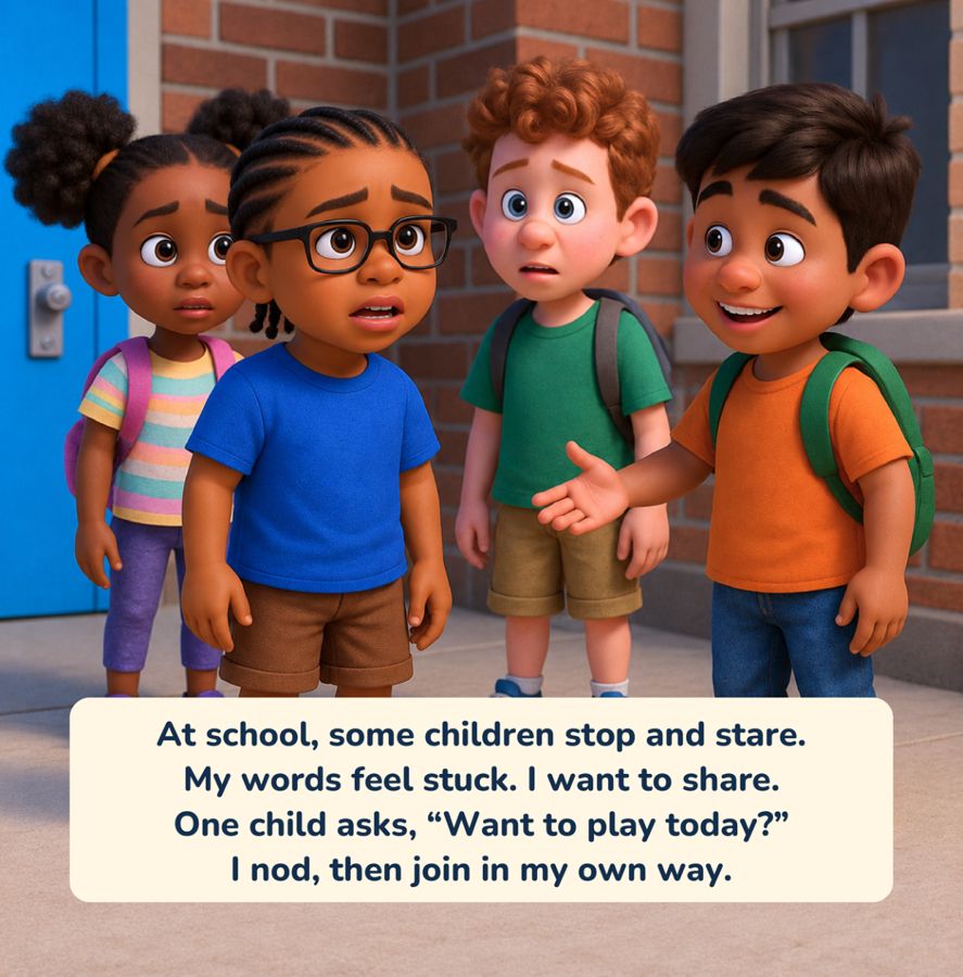 Page: At school, some children stop and stare.